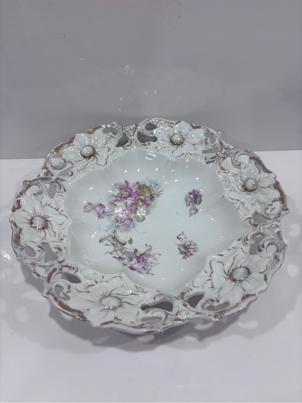 Antique reticulated porcelain floral fruit bowl openwork gold gilt 11.5”